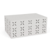 A rectangular commercial outdoor coffee table in Sky White featuring a decorative flower pattern cut-out across its metal sides, viewed from a high angle.