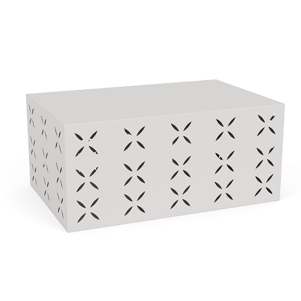 A rectangular commercial outdoor coffee table in Sky White featuring a decorative flower pattern cut-out across its metal sides, viewed from a high angle.