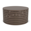 A round, cylindrical commercial outdoor coffee table in Textured Espresso featuring a grid pattern of small square cut-outs looping the body.