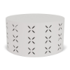 A round, cylindrical commercial outdoor coffee table in Sky White featuring a decorative flower pattern cut-out evenly spaced around its metal body.
