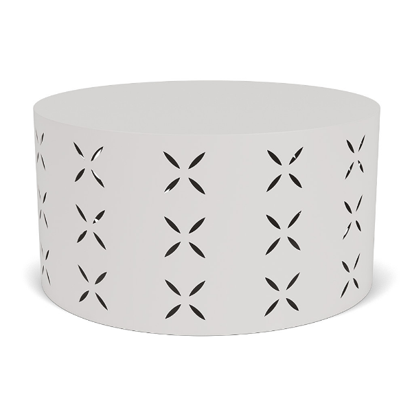A round, cylindrical commercial outdoor coffee table in Sky White featuring a decorative flower pattern cut-out evenly spaced around its metal body.