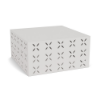 A square commercial outdoor coffee table in Sky White featuring a decorative flower pattern cut-out evenly spaced around its sides.