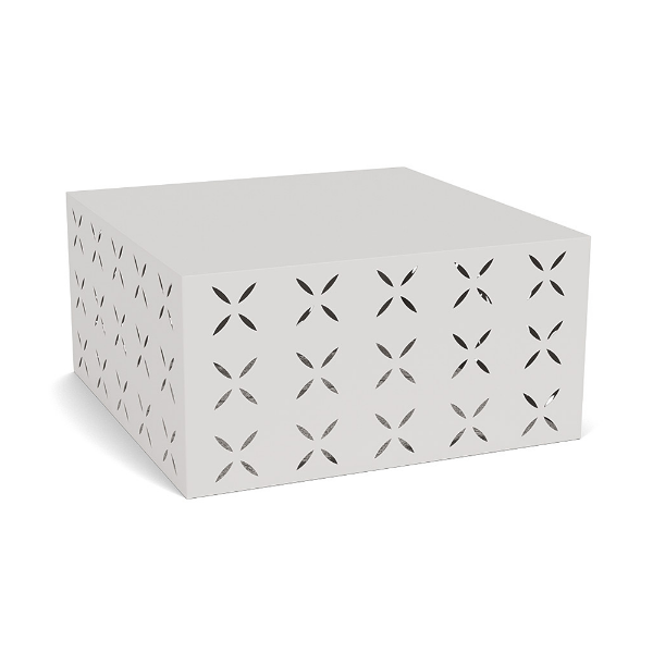 A square commercial outdoor coffee table in Sky White featuring a decorative flower pattern cut-out evenly spaced around its sides.