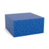 A square commercial outdoor coffee table in Marina blue with an asymmetrical bubble dot pattern cut out across its metal sides.