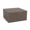 A square commercial outdoor coffee table in Textured Espresso featuring a grid pattern of small square cut-outs looping the body.