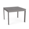 A square aluminum commercial outdoor side table in Titanium Gray featuring a uniform square grid cut-out pattern across the table top.