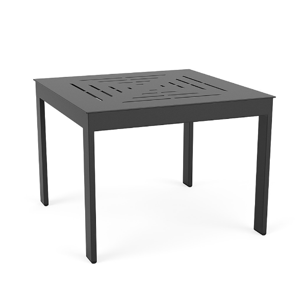 A square aluminum commercial outdoor side table in Starlight Black featuring a concentric square slat pattern cut out on the table top.