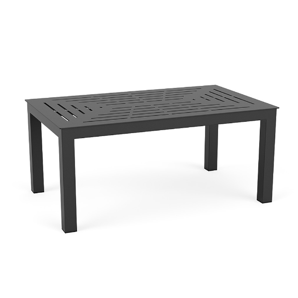 A rectangular aluminum commercial outdoor coffee table in Starlight Black featuring a concentric rectangular slat pattern cut out on the table top.