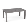 A rectangular aluminum commercial outdoor coffee table in Titanium Gray featuring a uniform square grid cut-out pattern across the table top.