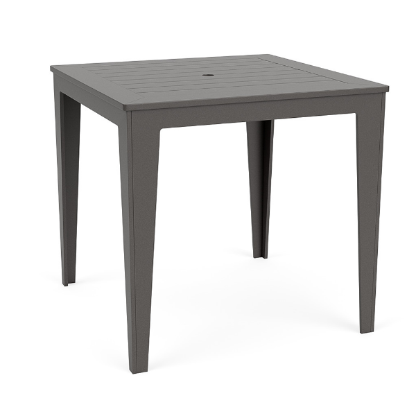 A square commercial outdoor bar table featuring a solid gray marine-grade polymer (MGP) slatted top and matching tapered legs with a central umbrella hole.