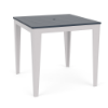 A square commercial outdoor bar table featuring a navy marine-grade polymer (MGP) slatted top paired with white tapered legs and a central umbrella hole.