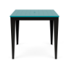 A square commercial outdoor bar table featuring a bright Aruba blue marine-grade polymer (MGP) slatted top paired with black tapered legs and a central umbrella hole.