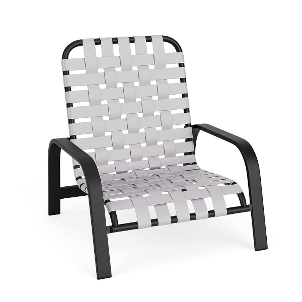 A commercial outdoor low-profile sand chair with a textured charcoal black aluminum frame and bright white vinyl straps woven in a cross-weave pattern across the seat and back.