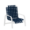 A commercial outdoor low-profile sand chair featuring a white aluminum frame and deep navy blue vinyl straps woven in a cross-weave pattern.