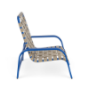 A side profile of a commercial outdoor low-profile sand chair featuring a Marina blue aluminum frame with a woven putty-colored vinyl strap cross-weave seat and back.
